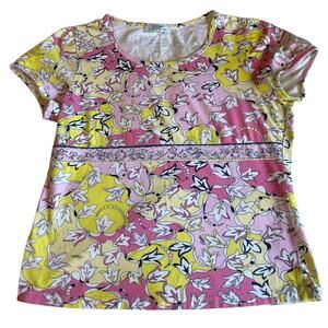 Y2K Floral Preppy Crocodile Ladies Pink & Yellow Babydoll Short Sleeve Tee Large